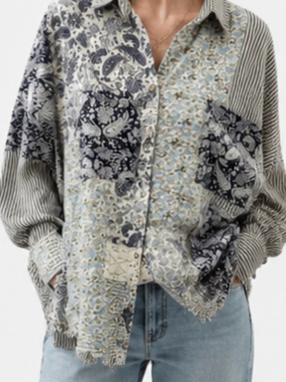 Easel Patchwork Mixed Print Button Up Top Raw Edge Oversized Boho Size Small